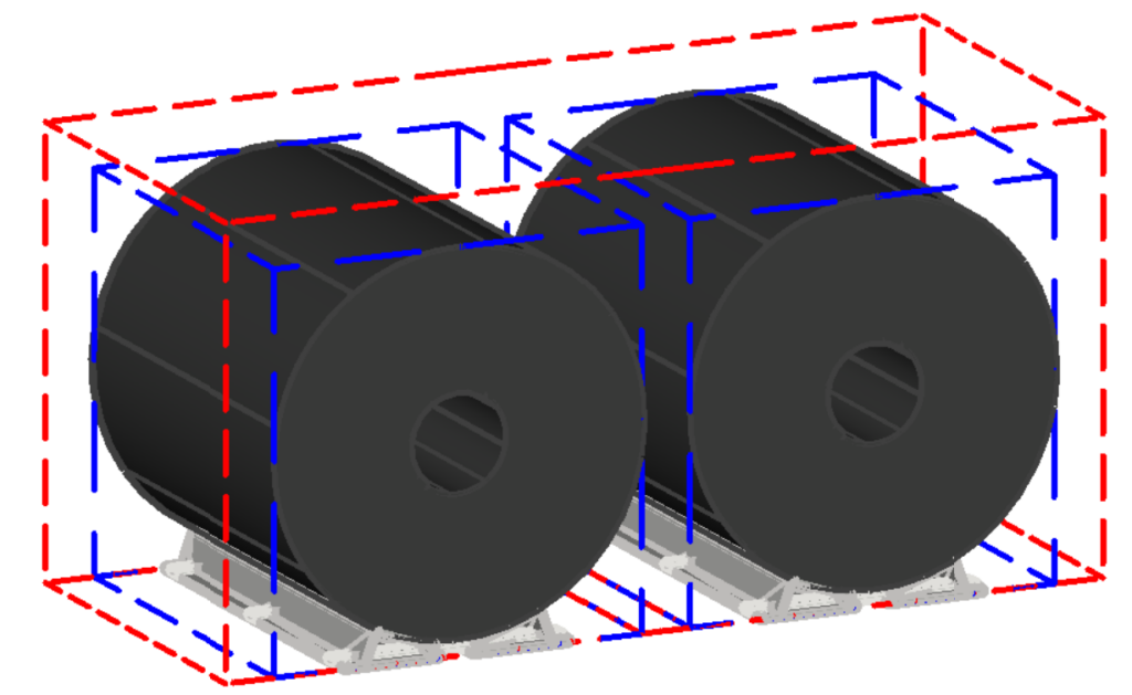 Two steel coils on cradles side by side inside one red dashed storage bay envelope, each coil with its own blue dashed dimension box