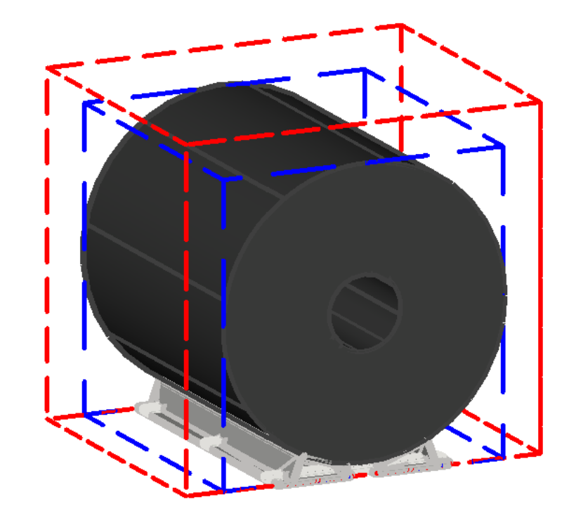 Steel coil on a gray cradle with a blue dashed box showing its actual dimensions inside a larger red dashed box showing the storage bay with clearance added