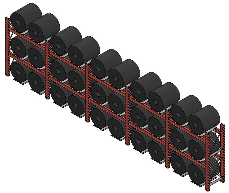 Isometric rendering of a coil storage rack row with five bays and three vertical levels of steel coils on cradles