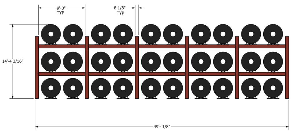 Front elevation of a coil rack run showing repeating 9-foot bays, the column gap between bays, three storage levels, and the overall length dimension