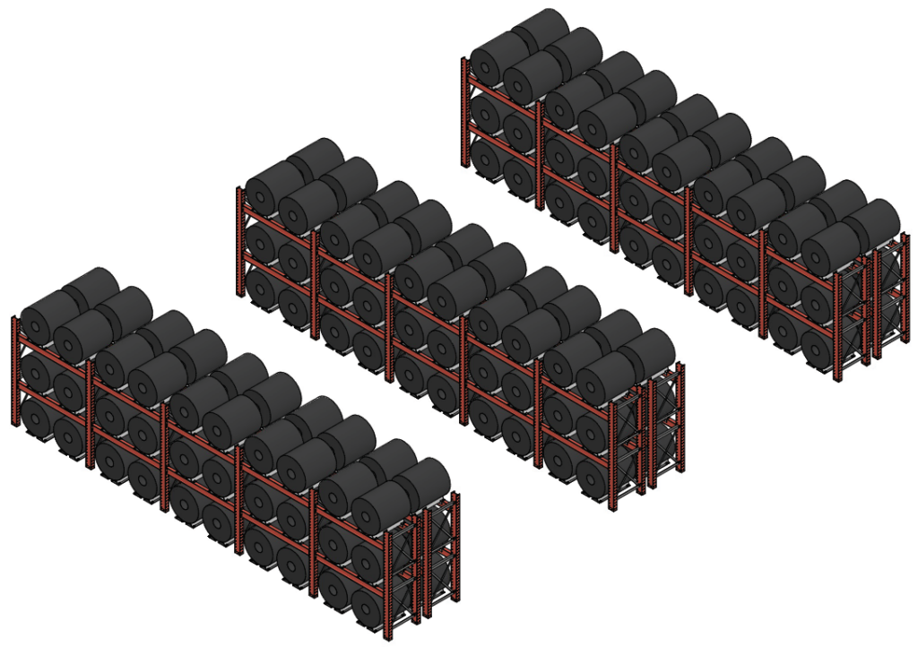 Isometric rendering of three long double-sided coil rack rows fully loaded with steel coils on three levels