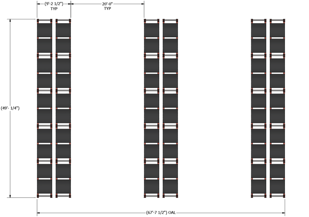Birdseye view of three double-sided coil rack rows separated by 20-foot aisles with section width, aisle width, and overall depth dimensions