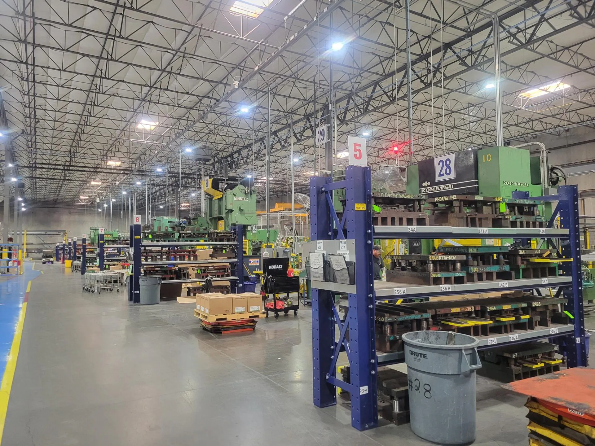 Dexco widespan racks with decking at customer site holding dies and tools